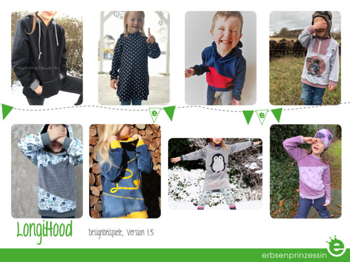 Deisgnbeispiele: Kinder-Sweater Hoodie, Sweatkleid Longihood